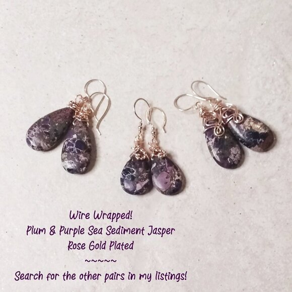 Wire Wrapped Beauties! Purple & Plum Sea Sediment Jasper Teardrop + Rose Gold - Picture 11 of 11
